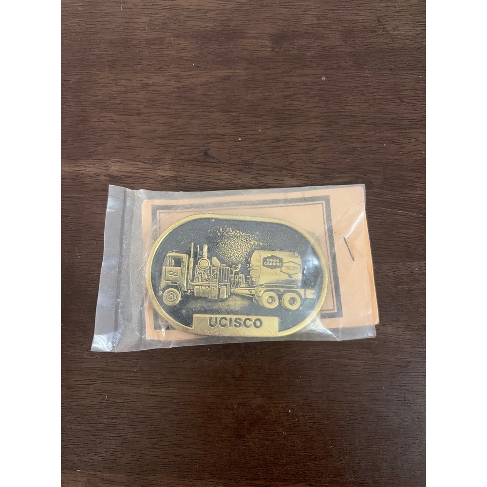 Vintage UCISCO Union Carbide Solid Brass Belt Buckle Semi Truck Tanker USA New